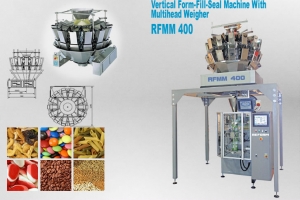 Vertical form fill, seal machine with multihead weigher